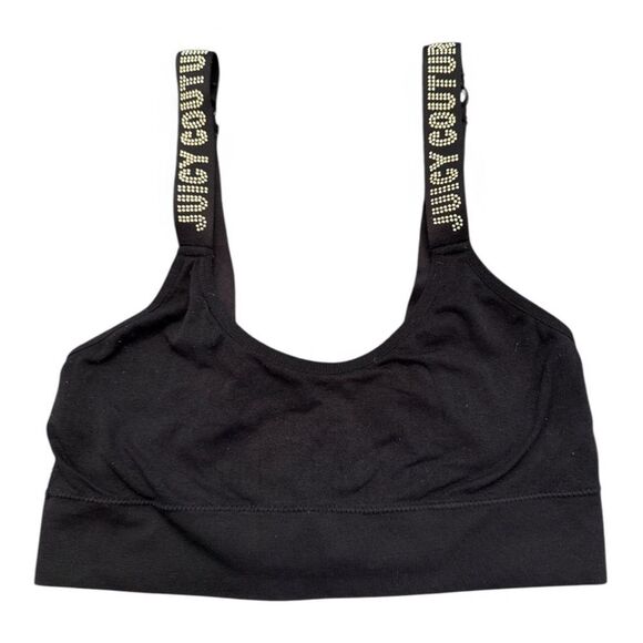 Juicy Couture Sports‎ Bra Medium Black Gold Studded Logo Straps Activewear - Picture 1 of 7